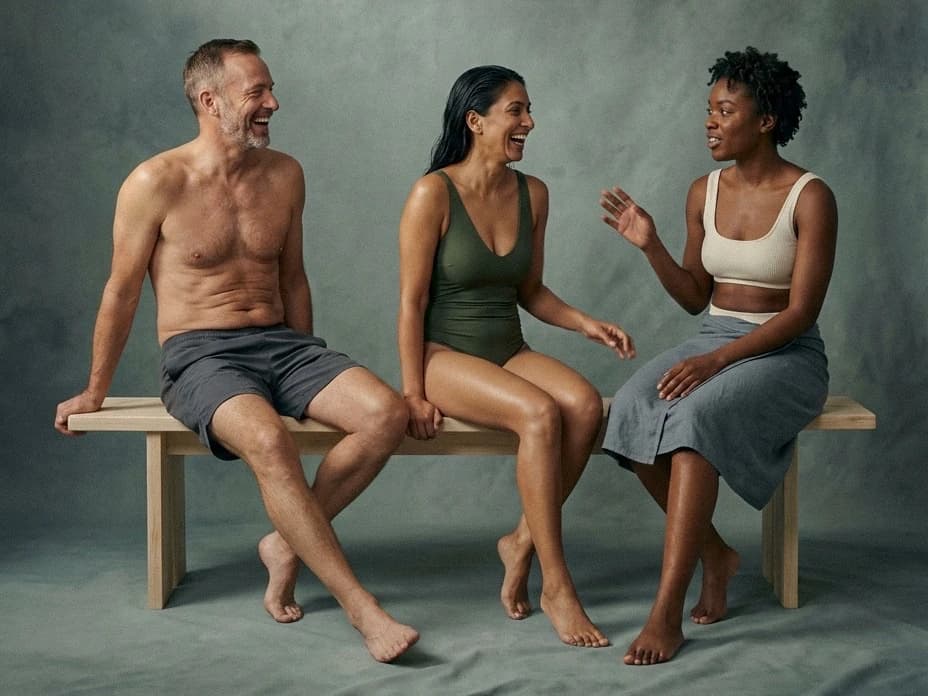 Three guests laughing together on the bench