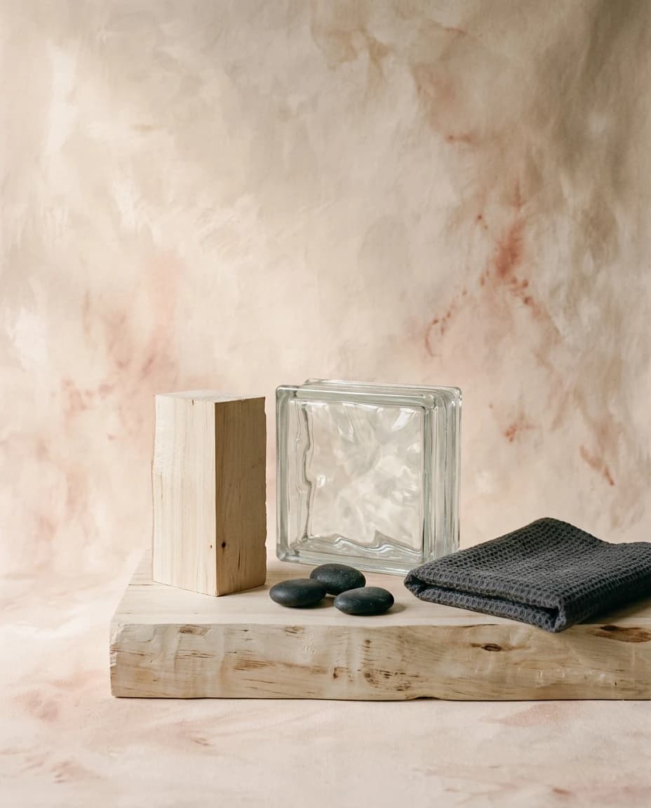 A wood block, a glass brick, three stones and a folded towel