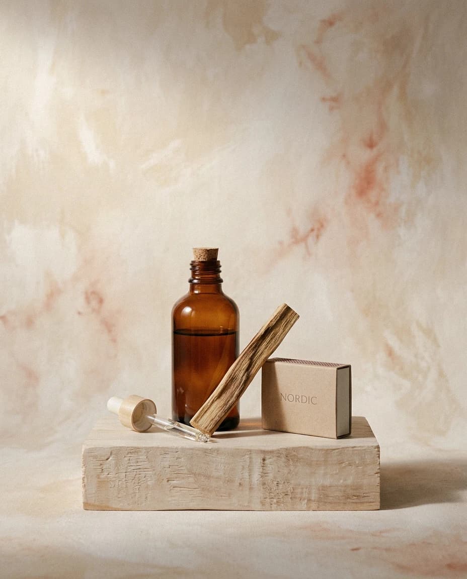 An amber oil bottle, palo santo and a box of Nordic scent