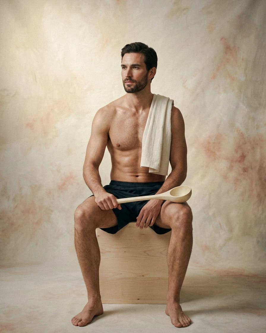 A facilitator with a ladle and a towel over one shoulder