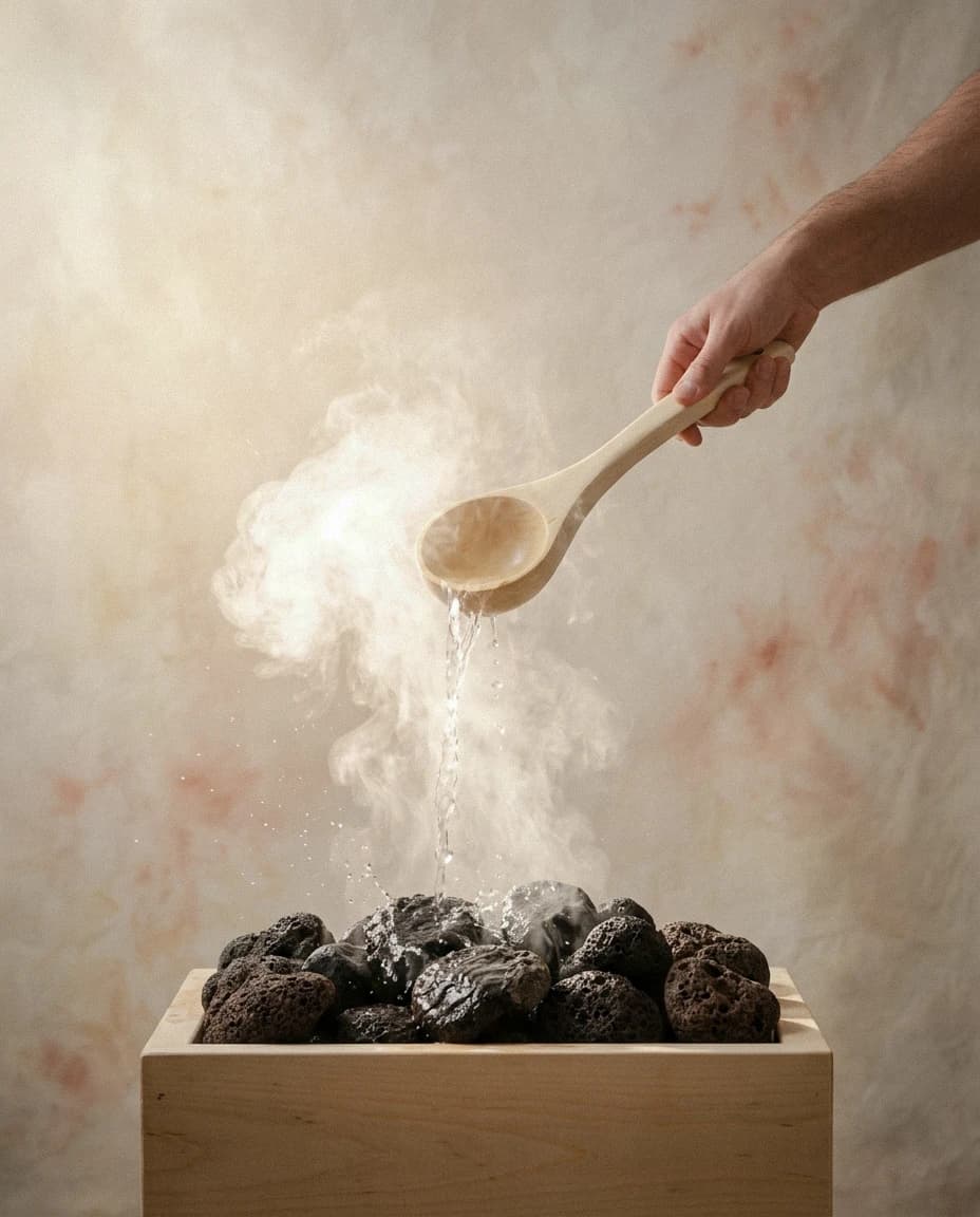 A ladle pouring water over the hot stones