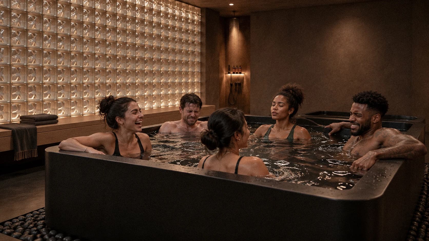 Five guests talking in the warm tub between rounds
