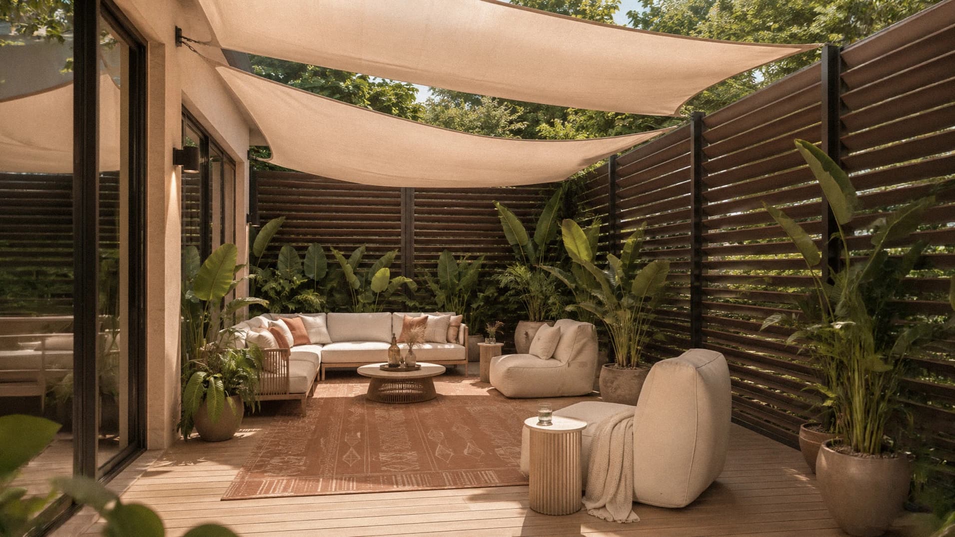 The outdoor deck under shade sails
