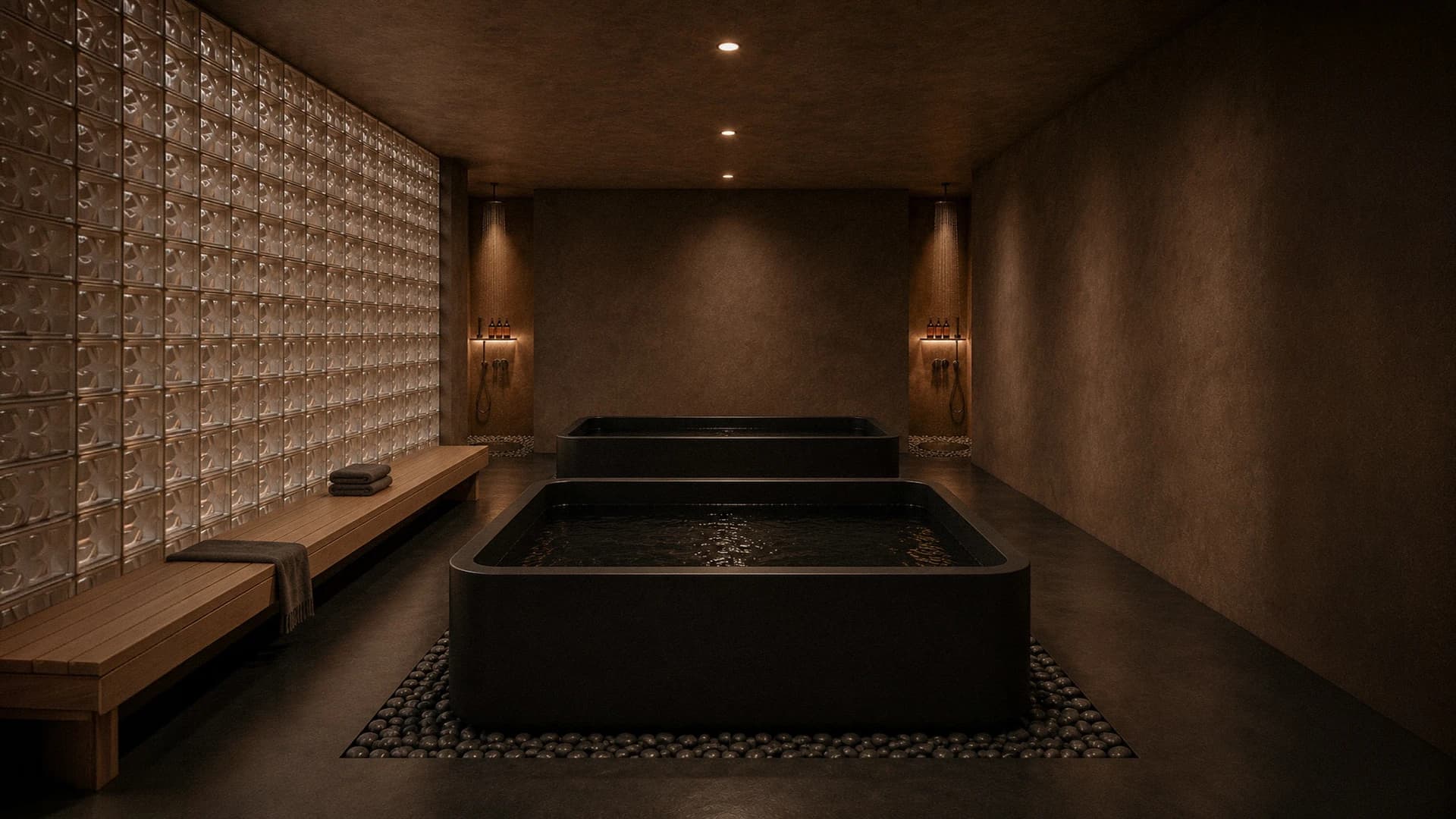 The plunge room, two cold baths under rain showers