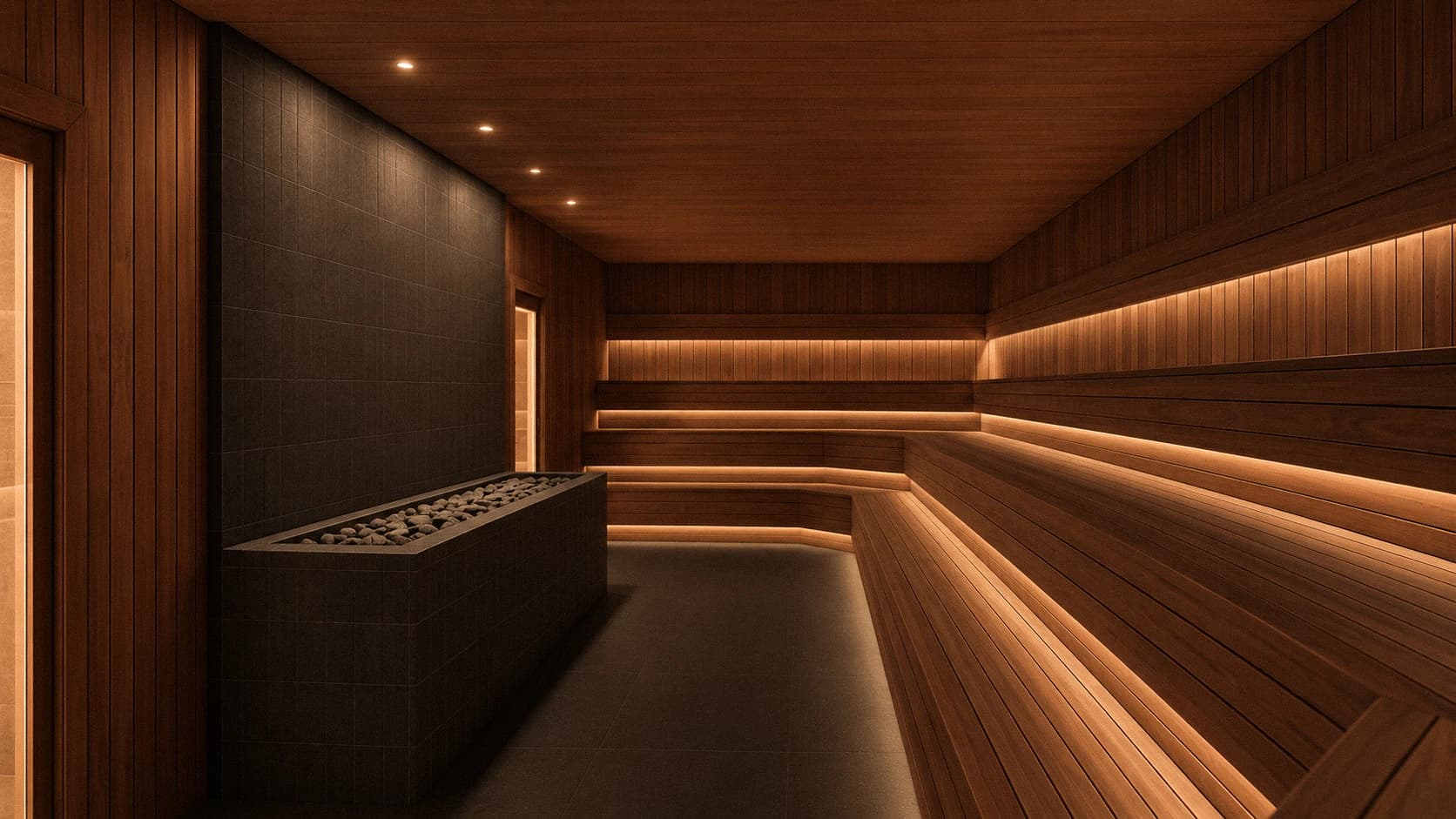 The sauna, benches lit along their edges