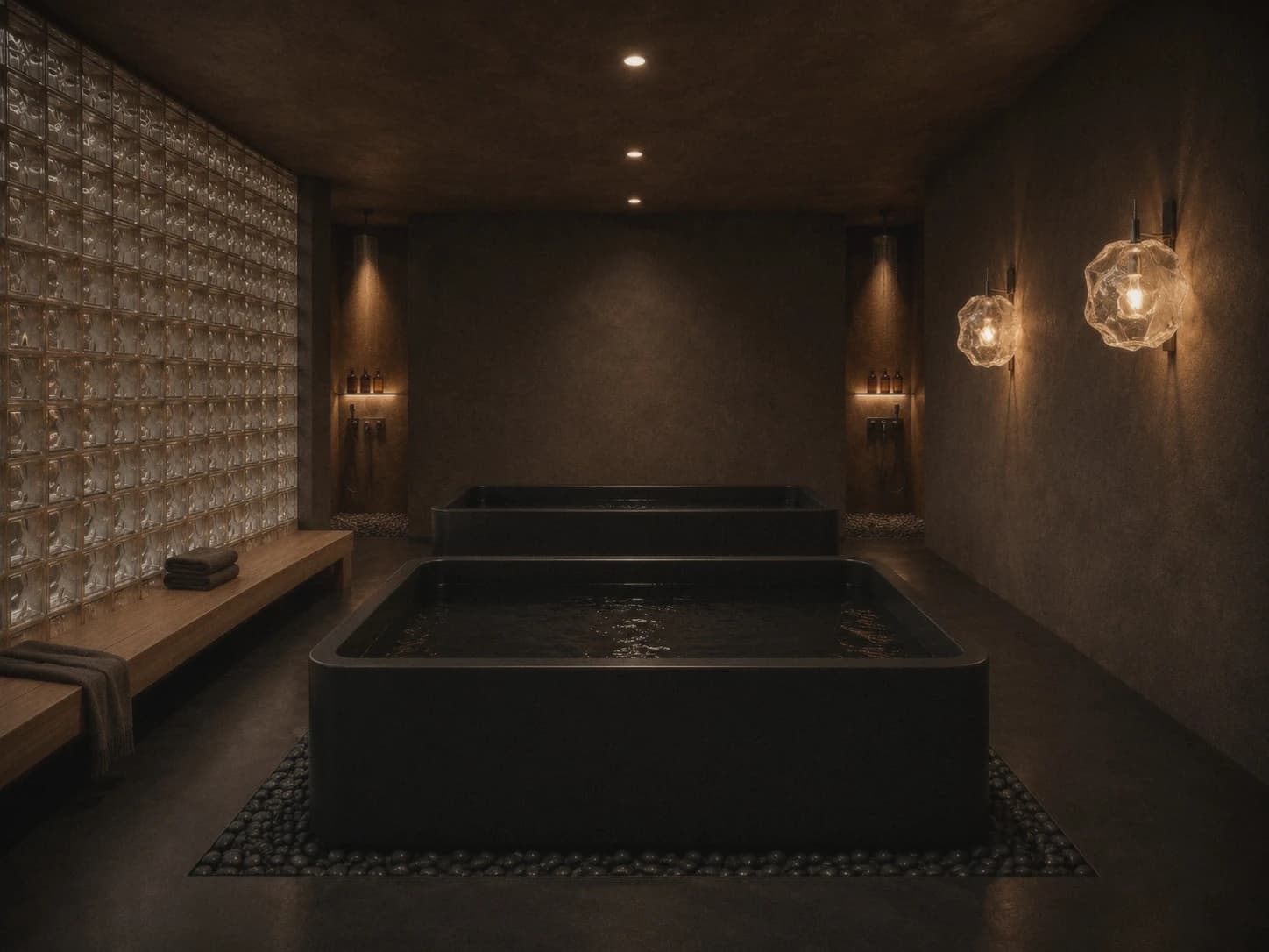 The cold plunge room, two black tubs under warm light