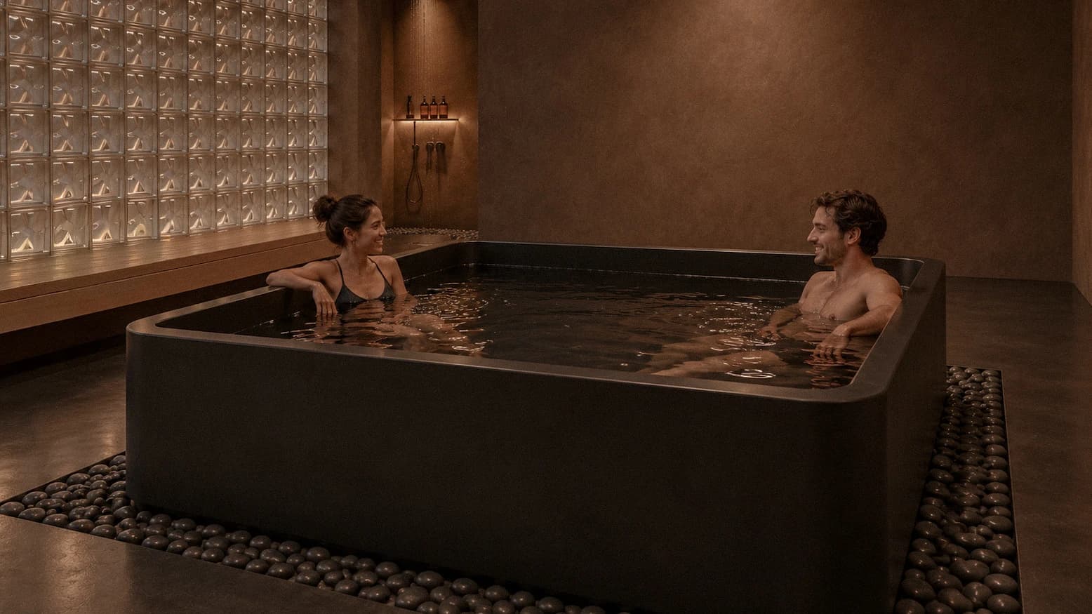 Two guests talking across the plunge tub