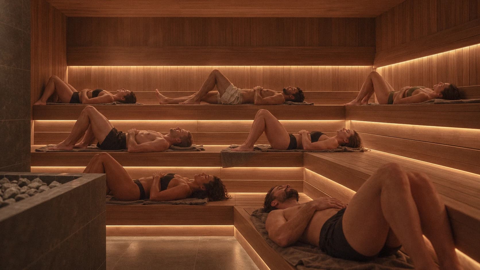 Guests resting on the sauna benches during a session