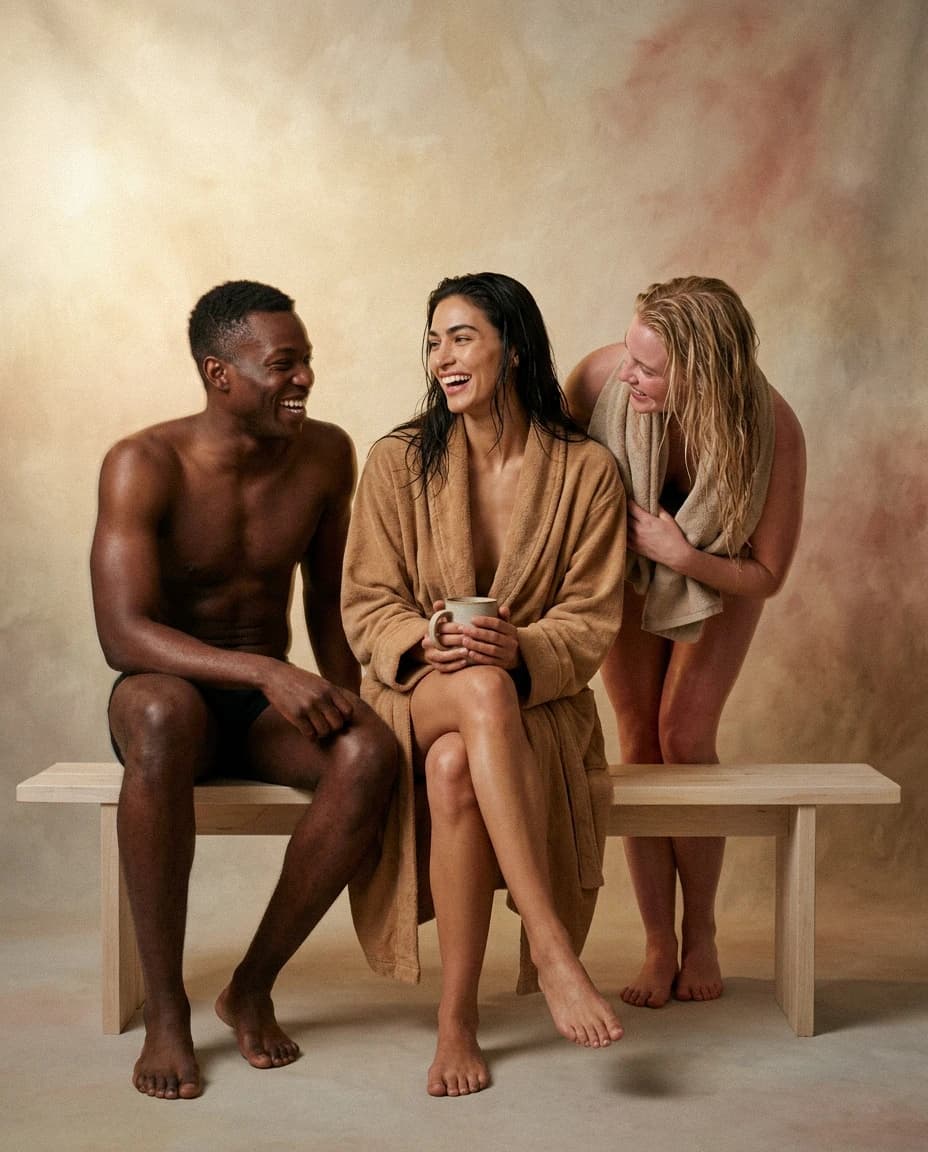 Three guests talking and laughing after a session