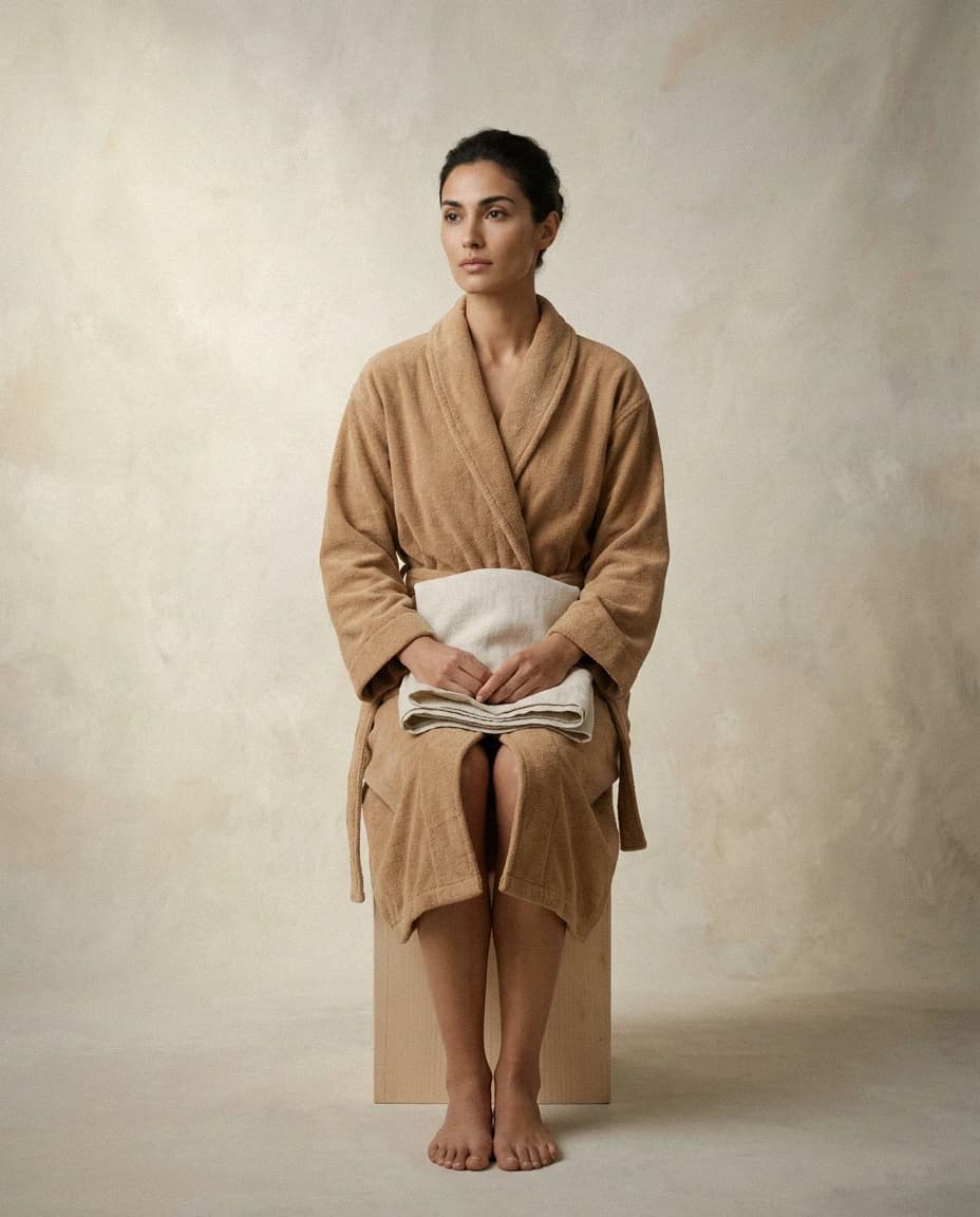 A guest in a robe, waiting for a session to start