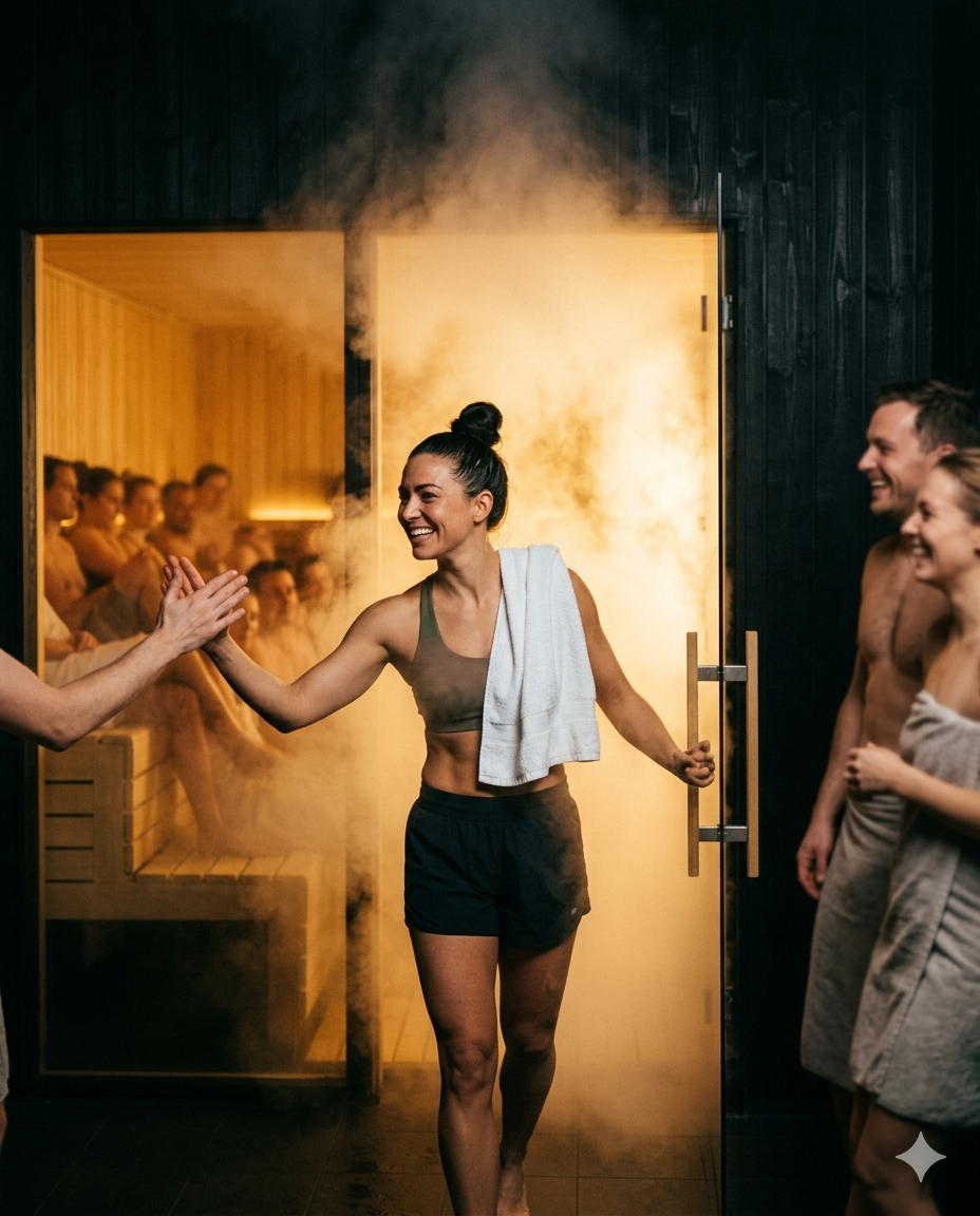 Icebreak facilitator stepping out of a full sauna session, high-fiving a guest